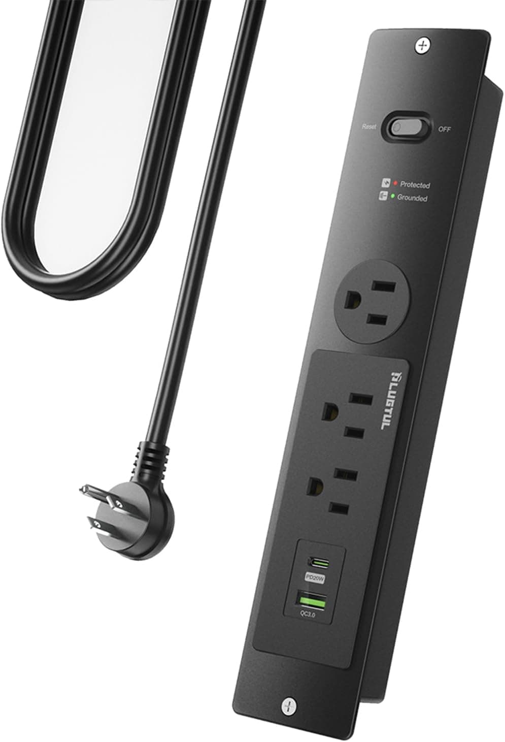PLUGTUL フラッシュマウント電源 6個設置ベースフラッシュマウントクイックチャージPD 20Wソケットフラットコネクタ 14ゲージサージ保護 980J 電源タップフラッシュマウントブラック