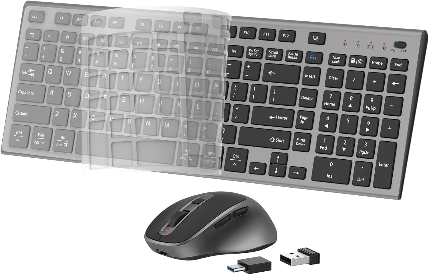 ワイヤレスキーボードとマウス、充電式スリムサイレントコンパクトフルサイズキーボードマウス、数字パッドとカバー付き、PC/コンピューター/ラップトップ/Windows用、macOS用 - ブラックグレー