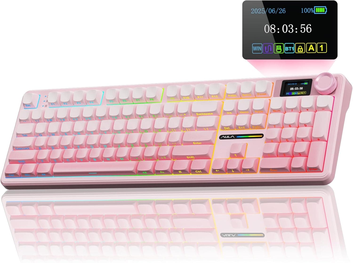 AULA F108 PRO - スクリーン&ノブ付きワイヤレスメカニカルキーボード 8000mAhバッテリー付きフルサイズキーボード潤滑済みスイッチサイドプリントPBTキーキャップ