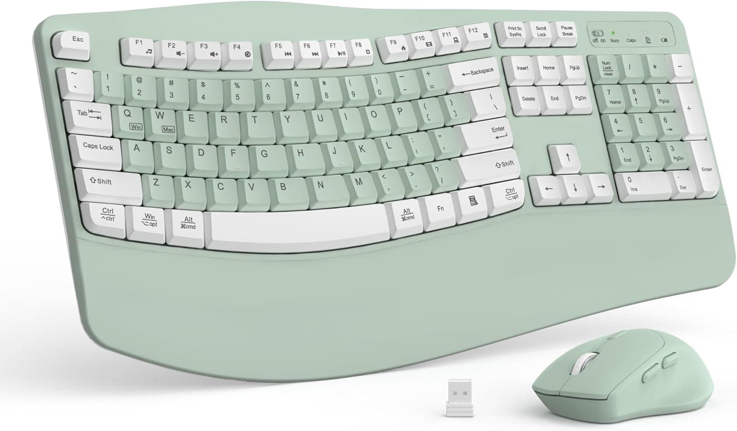 ワイヤレスキーボードとマウスのコンボ、2.4G フルサイズウェーブキー 人間工学に基づいたキーボードリストレスト付き自然なタイピング用 3 DPI 調節可能な人間工学マウスコンピューター/ラップトップ/Windows/Mac用 (アボカドグリーン-A)