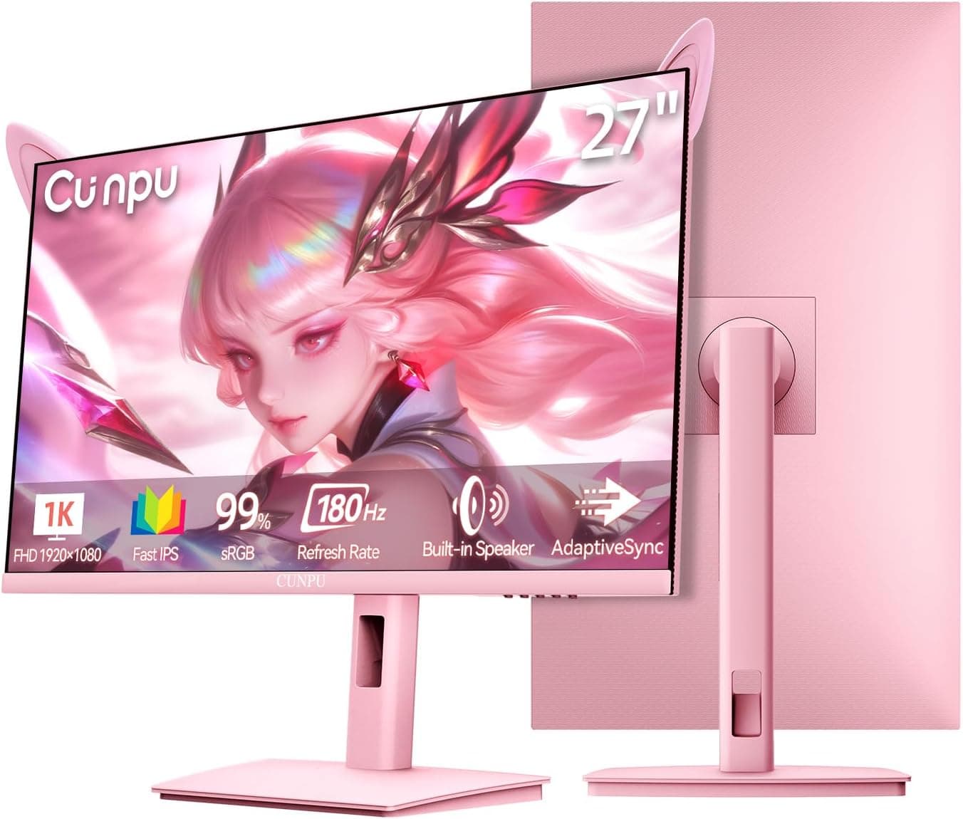 CUNPU 24インチウェーブピンクカワイイゲーミングモニター FHD 1920x1080 180Hz 1ms GTG Fast IPS 100%sRGB アダプティブ同期スピーカー内蔵 USB Type-C 15W HDMI