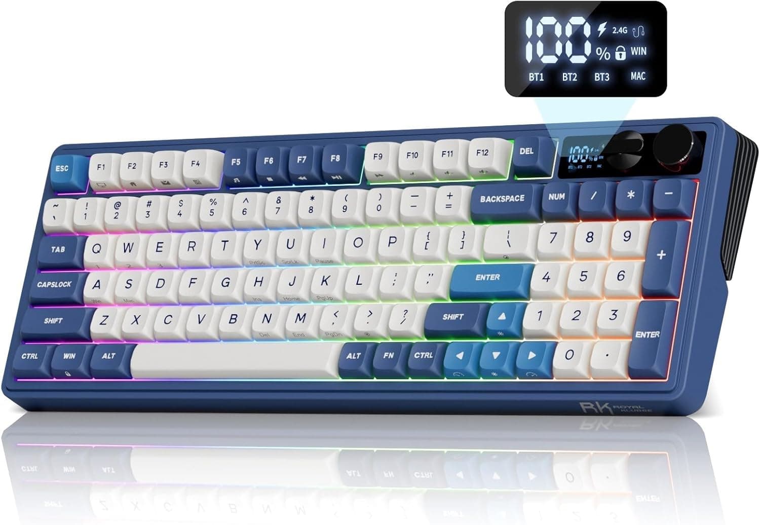 RK ROYAL KLUDGE M100 ワイヤレスメカニカルキーボードスクリーン&デュアルノブ付きトライモードガスケットマウントゲーミングキーボードナンバーパッド付きホットスワップ可能なクリームスイッチブルー