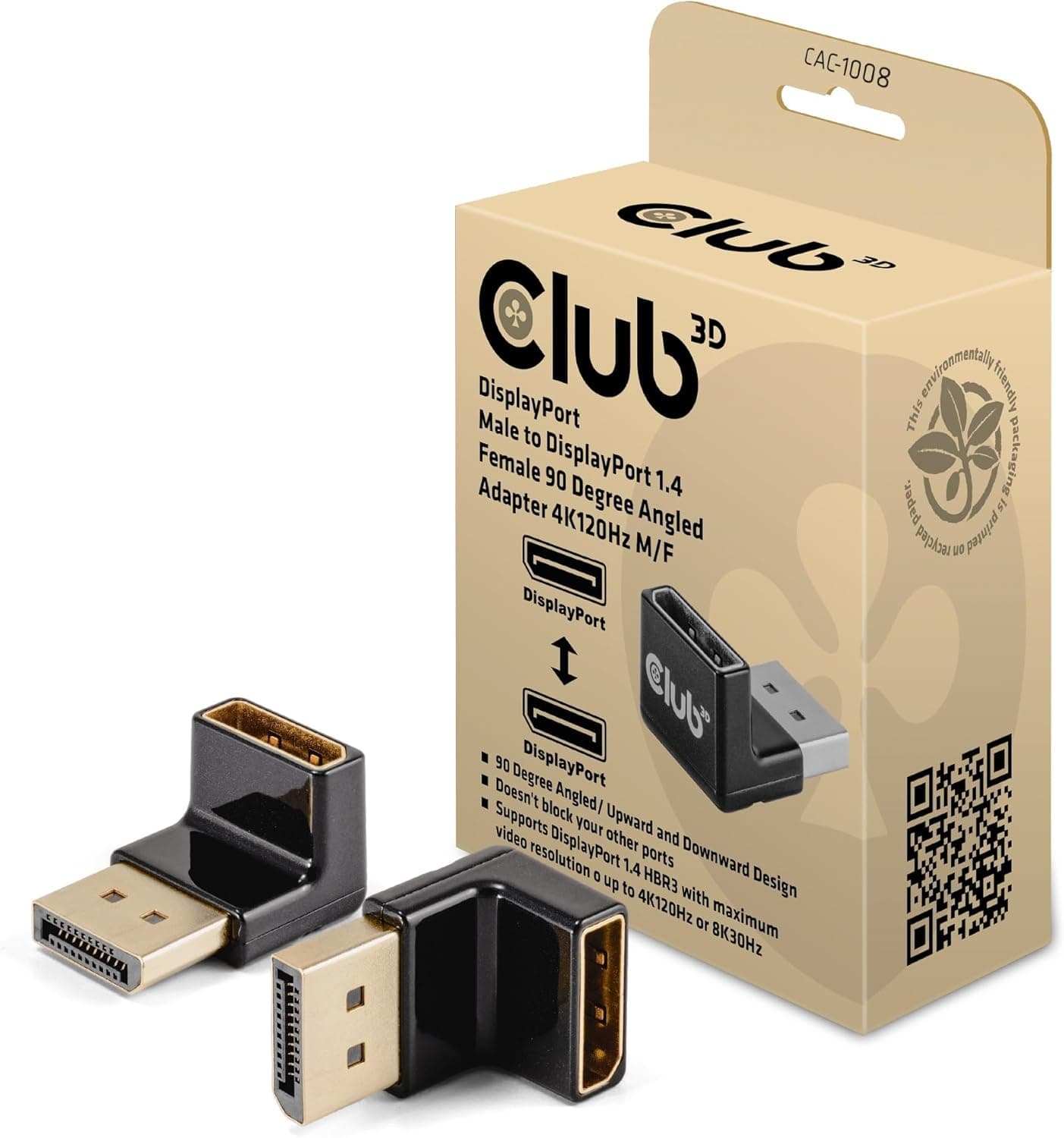 Club 3D CAC-1008 DisplayPortオス-DisplayPort 1.4メス 90度角度付きアダプター 4K120Hz M