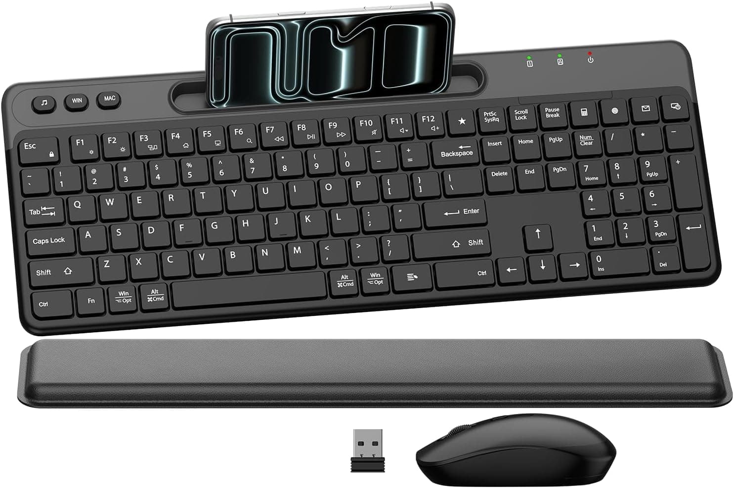 人間工学に基づいたワイヤレスキーボードとマウスのコンボ、フルサイズサイレント人間工学キーボード、クラウドソフトパームレスト、電話ホルダー、3DPI調整可能マウス、2.4Gラグフリー静音Mac、Windows用