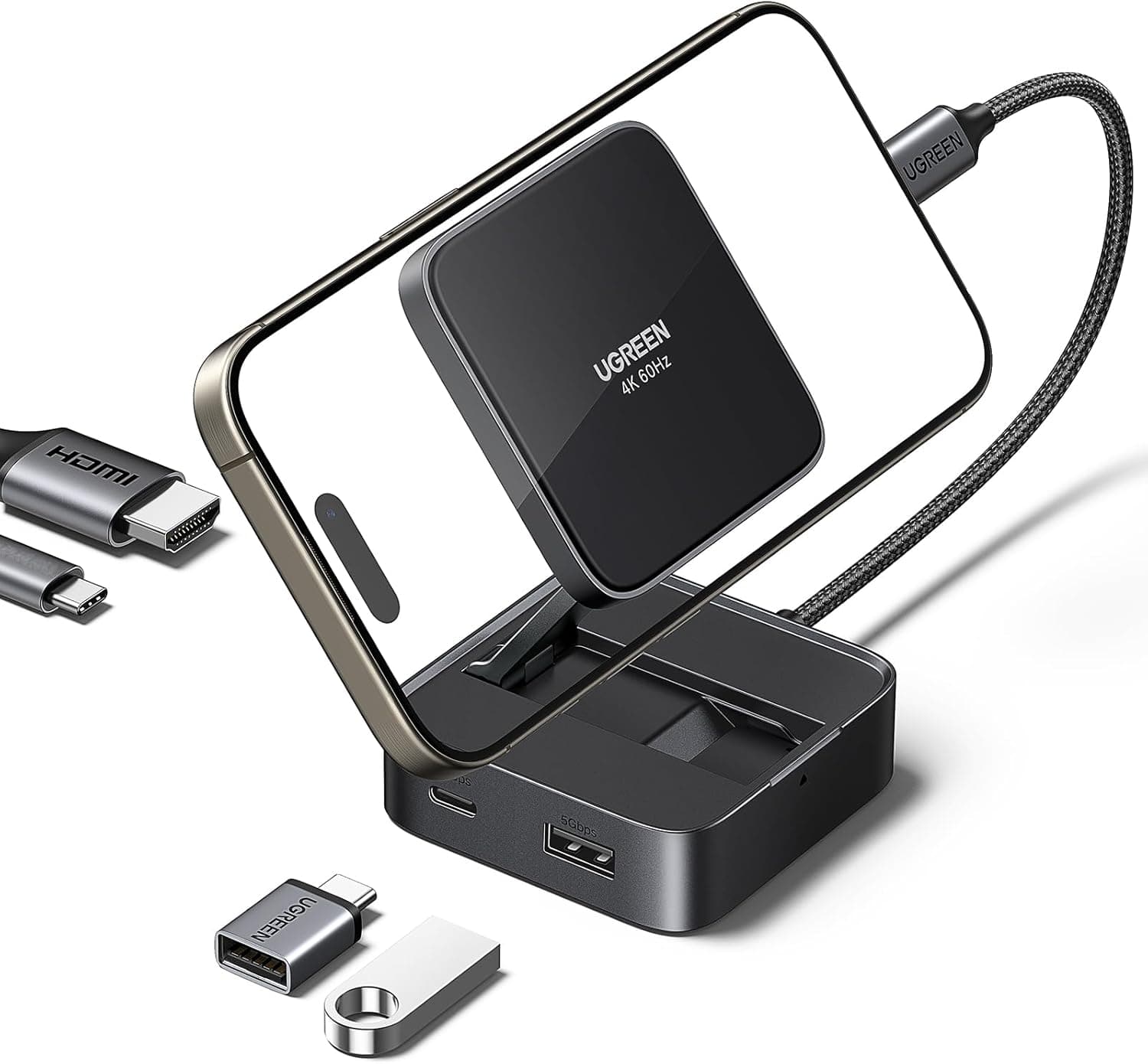 UGREEN USB C ハブ 4-in-1 磁気USB-C HDMI アダプター 4K@60Hz 折りたたみ式ポータブルUSBcハブ 100W PD 充電 USB-A3.0 & USB-C3.0 5Gbpsデータポート iPhone 15