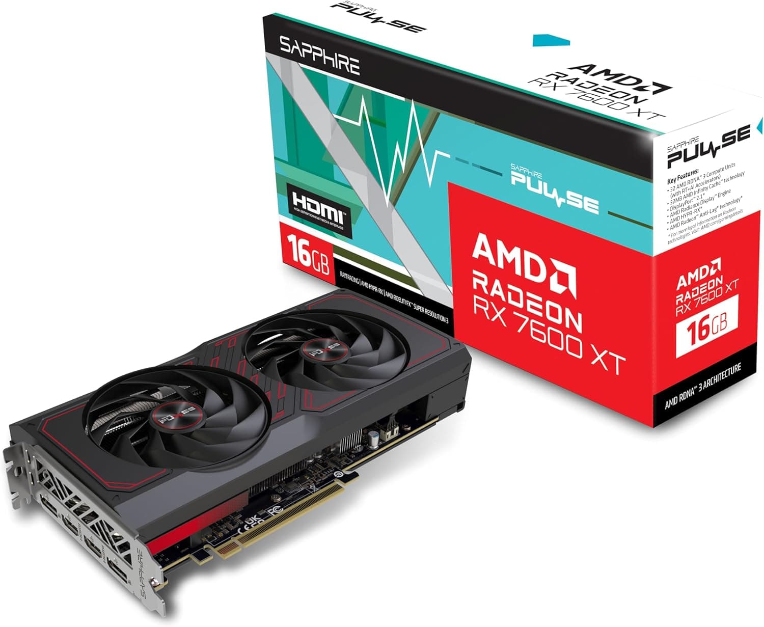 Sapphire 11339-04-20G Pulse AMD Radeon RX 7600 XT ゲーミンググラフィックスカード 16GB GDDR6 AMD RDNA 3