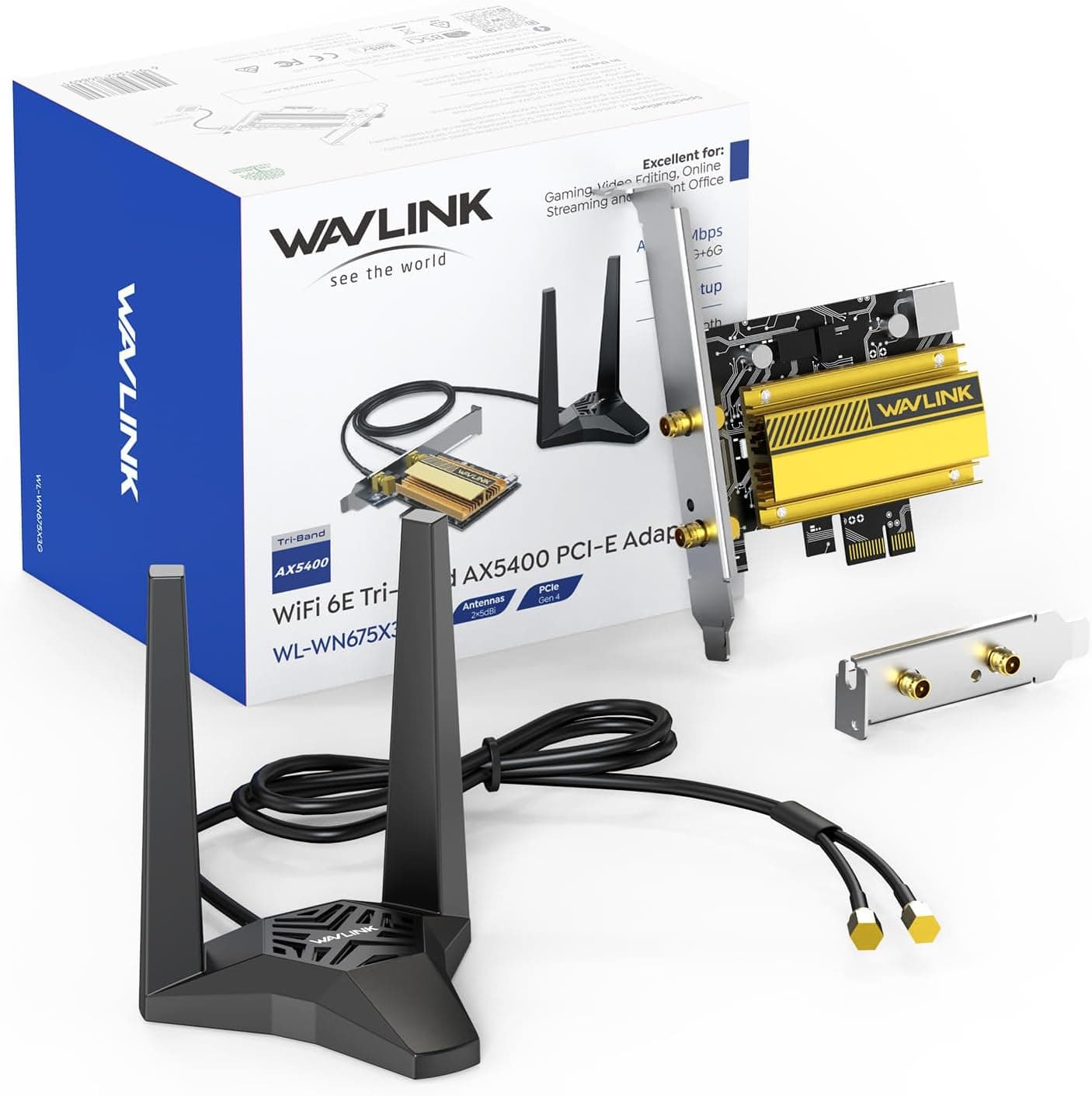 WAVLINK AXE5400 PCIe WiFi 6E WiFiカード磁気アンテナ付き 2025年型トライバンドワイヤレスネットワークカード Bluetooth 5.3 AX210チップ MU-MIMO WPA3 OFDMA 薄型ブラケットヒートシンク