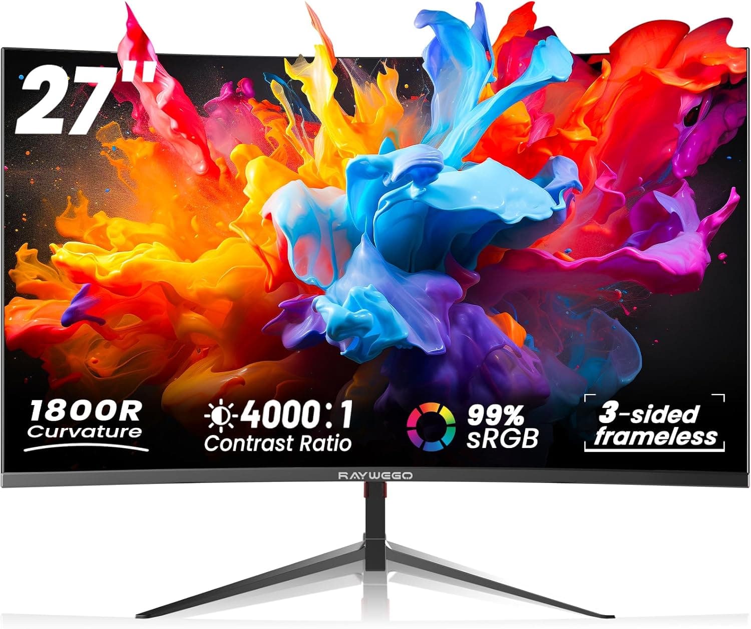 Raywego 27インチカーブモニター 100Hz コンピューターモニター FHD 1080p HDR 99% sRGB 1800R VESA対応タブレットデスクトップ 3辺の狭いベゼルブルーライトフィルター ノートパソコン PCワークゲーム