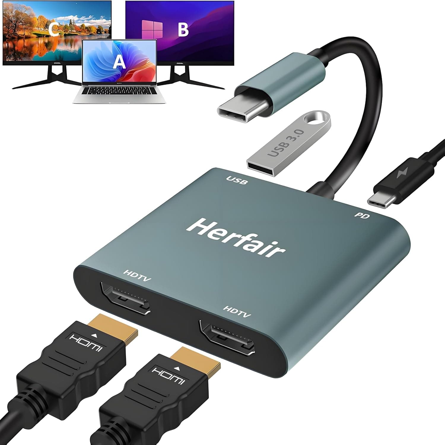 Herfair HDMIスプリッター デュアルモニター用拡張ディスプレイ 1イン2出力 4K USB C→2 HDMIアダプターエクステンダー MacBookノートパソコン用 Windows&ミラーモード対応 MacOS用