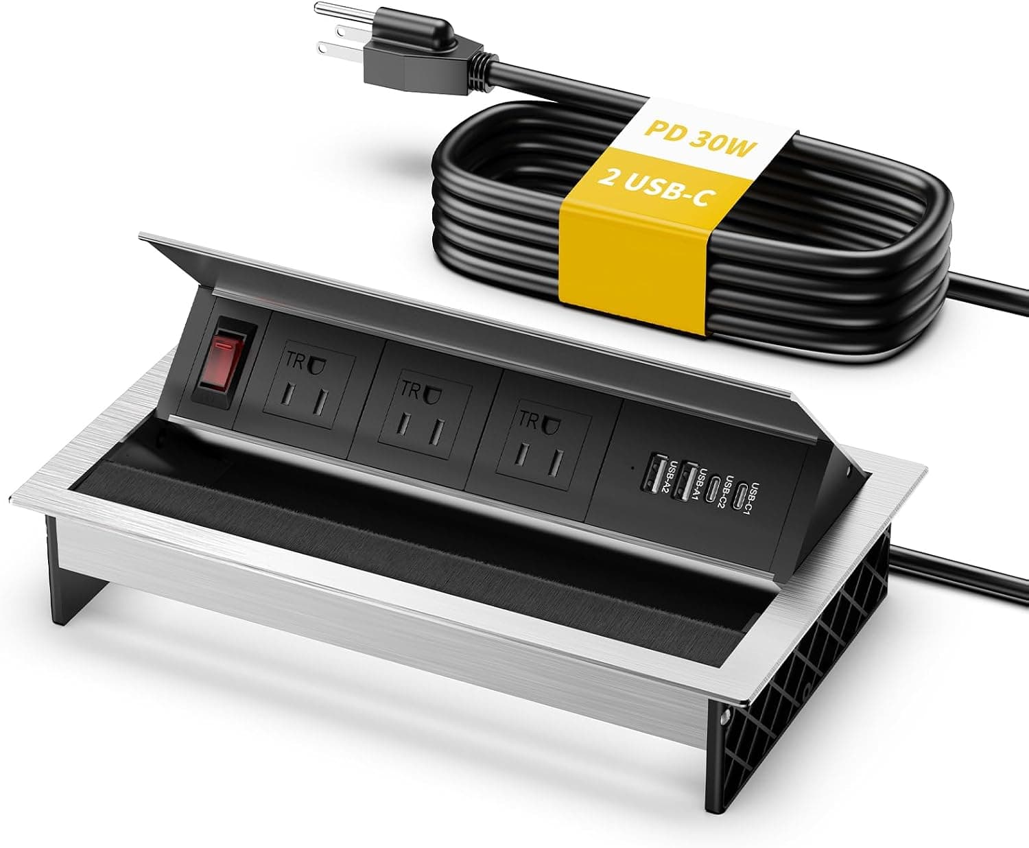 Kungfuking 埋め込み式電源タップ USB C PD 30W 会議用テーブル電源ハブコンセント接続ボックス回転可能スイッチと金属ケーシング付き 6フィートのコード