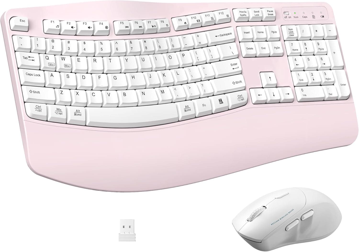 人間工学に基づいたワイヤレスキーボードとマウスのコンボ、Waveキーキーボードリストレスト付き、自然なタイピング用、3DPIの調節可能な人間工学サイレントマウス コンピューター/ラップトップ/Windows/Mac用 (ピンク)