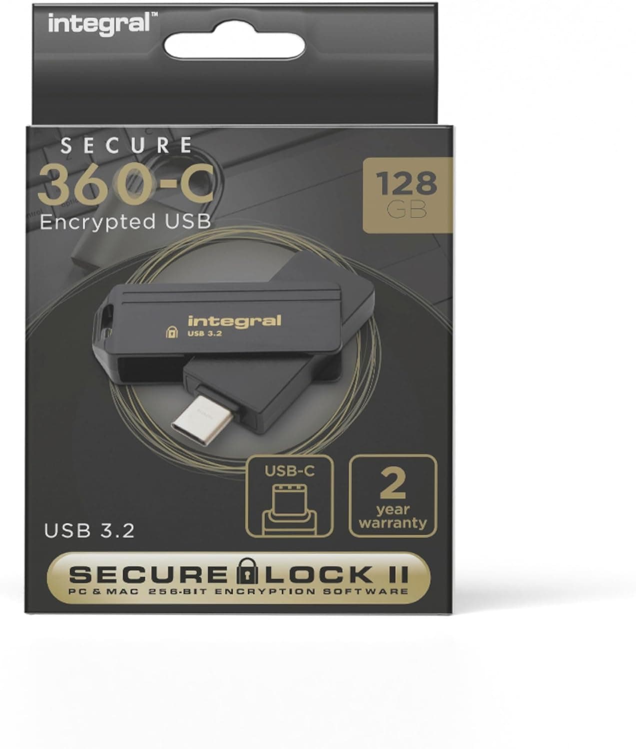 Integral Secure 360-C 128GB ソフトウェア暗号化USBフラッシュドライブ - USB-Cコネクタ - 256ビットAES暗号化 - Mac