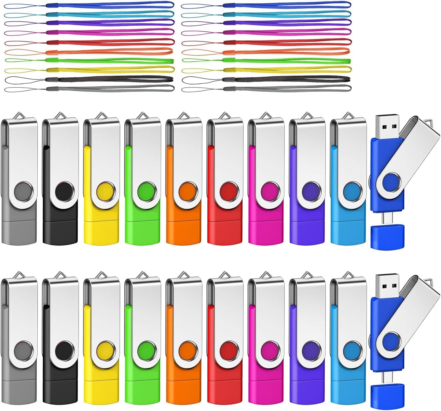 AGECASH 4GB USBフラッシュドライブ 20個パック USBCサムドライブストラップ付き 2イン1 USBA + TypeC FAT32 USB 2.0フラッシュドライブマルチパックメモリースティックジャンプジップドライブ USB 4GB