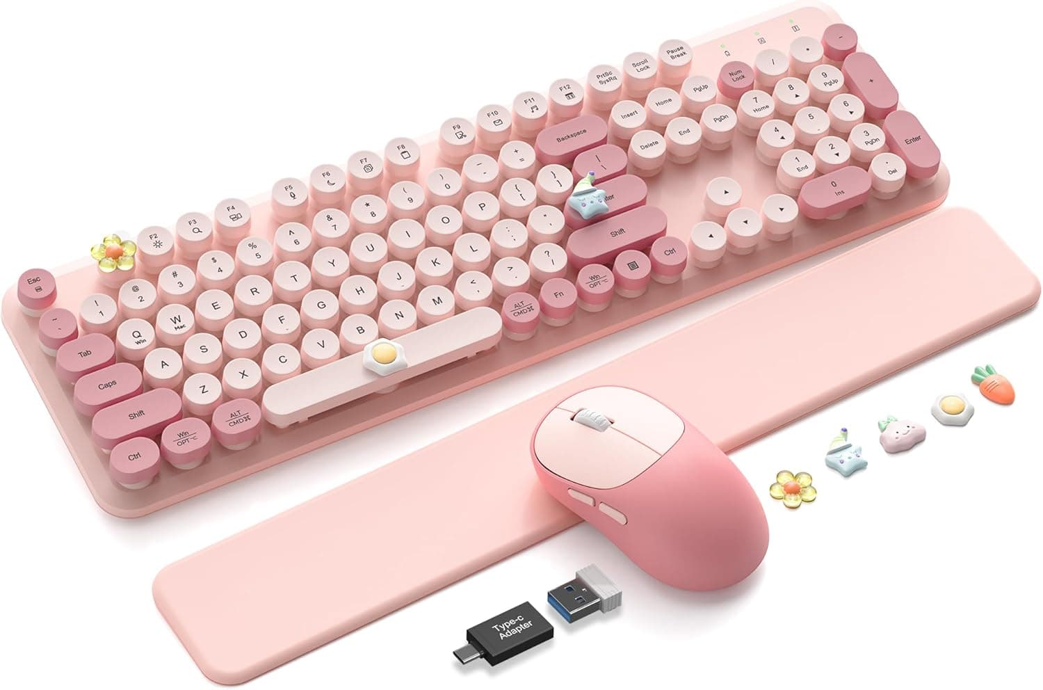 ワイヤレスキーボードとマウスのコンボ、取り外し可能なリストレスト付きタイプライターキーボード、フルサイズレトロラウンドキーキャップ、スマートスリープ、2.4GHz安定接続 Mac/Windows/PC用 Trueque(ローズミストピンク)