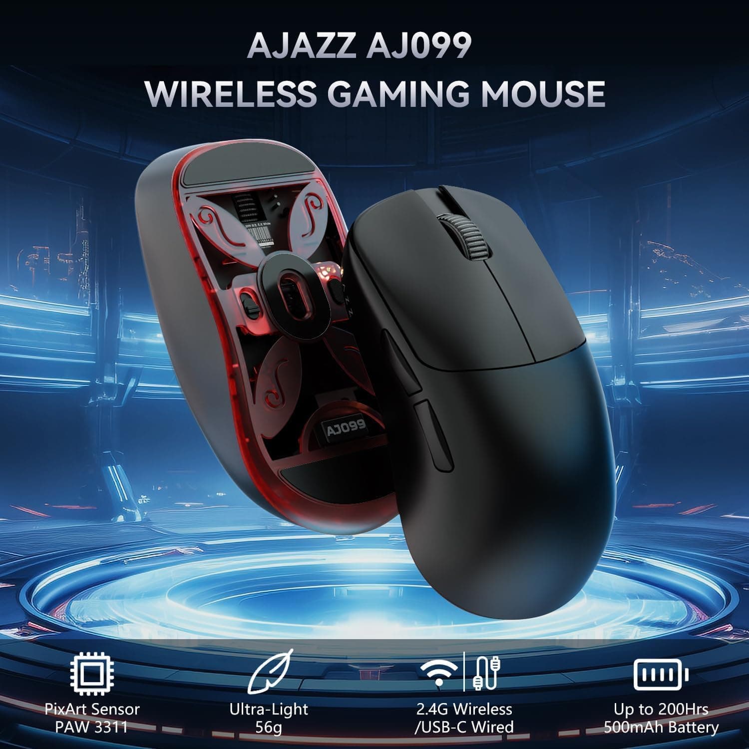 Ajazz AJ099 超軽量ワイヤレスゲーミングマウス人間工学的 54g 超軽量 2.4Ghz
