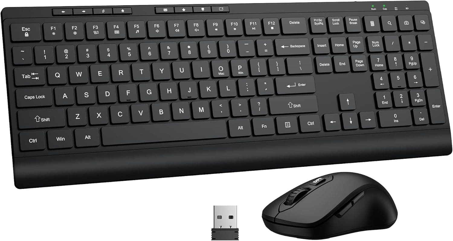 ワイヤレスキーボードとマウスのコンボ、フルサイズの静音キーコンピューターキーボードとコードレスマウス、3DPI調節可能、2.4Gラグフリー、長いバッテリー寿命、WindowsとMacシステムに対応