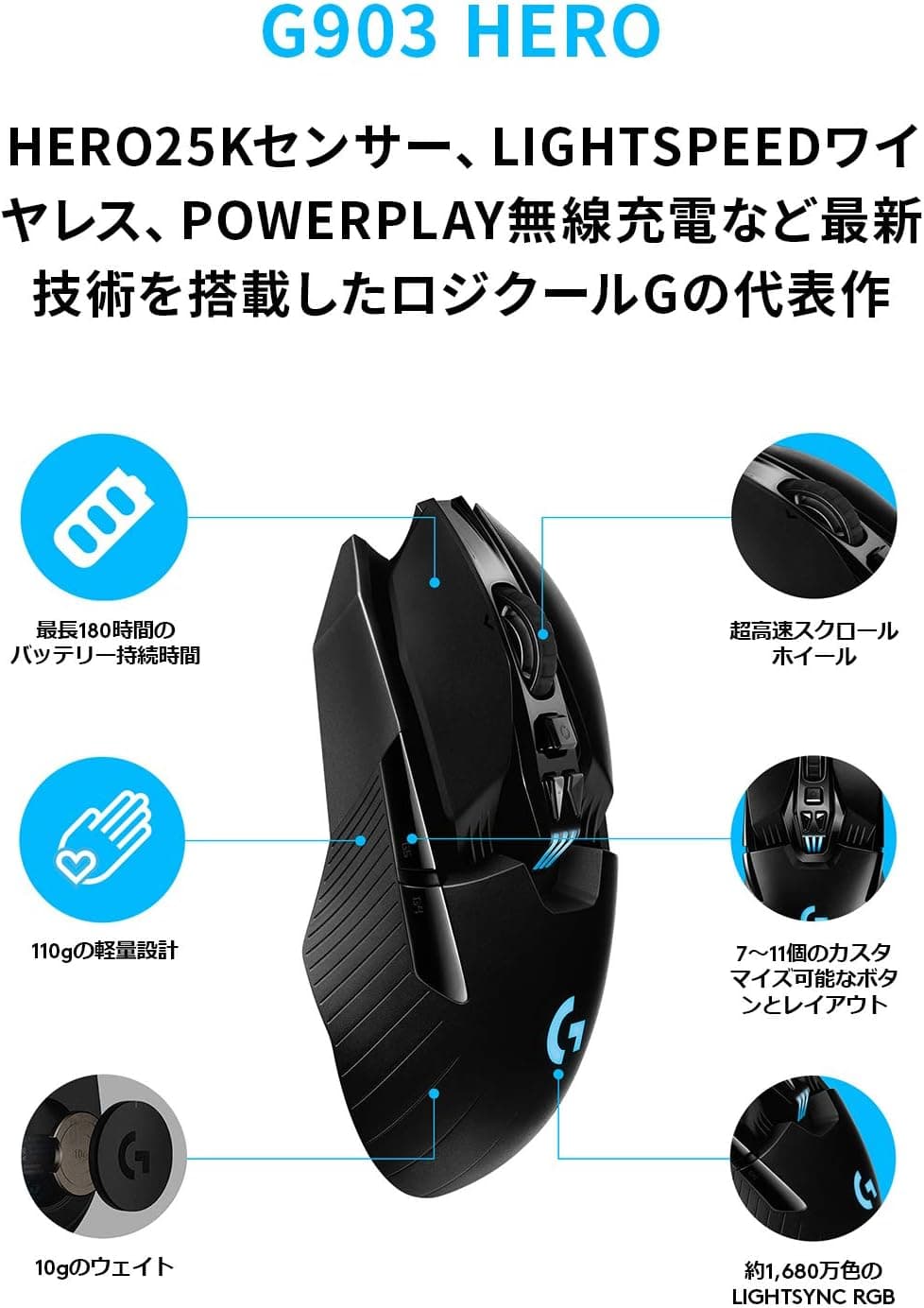 Logicool G ゲーミングマウス G903h LIGHTSPEED ワイヤレスゲーミングマウス HERO 25Kセンサー 多ボタン 180時間連続使用可能 LIGHTSYNC RGB POWERPLAY 無線充電対応 PC windows 国内正規品