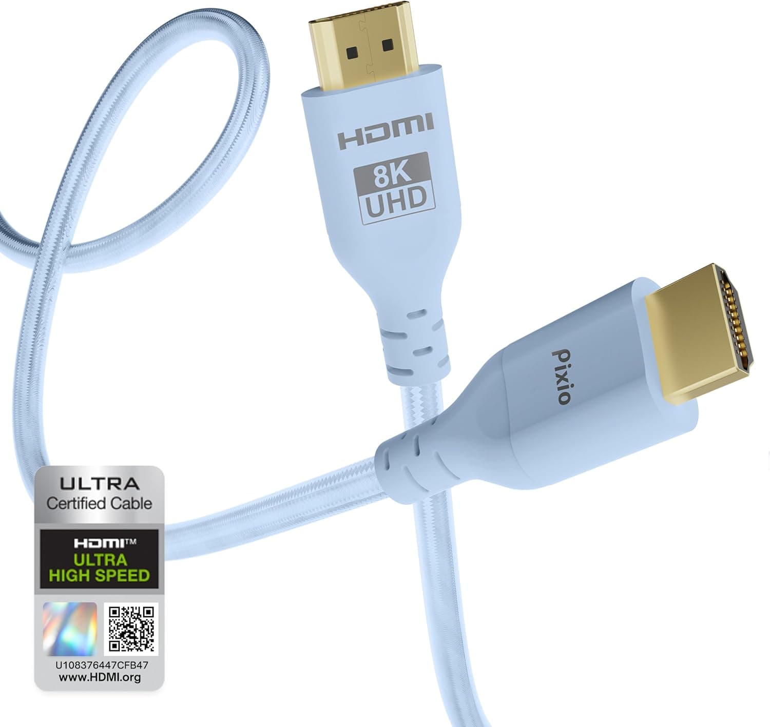 Pixio Blue 8K HDMI 2.1 ケーブル超認定超高速 10FT 8K 60Hz 4K 120Hz ナイロン編組金メッキコネクタ破損防止 HDR10+ dtsx eARC HDCP ドルビー対応