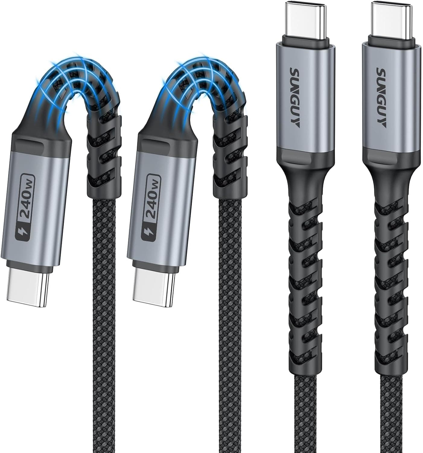SUNGUY USB C - USB Cケーブル 0.5フィート [2本パック] 240W 編組 USB C - USBC 高速充電ケーブル Type-C 充電ケーブル iPhone 17 16 15 Plus