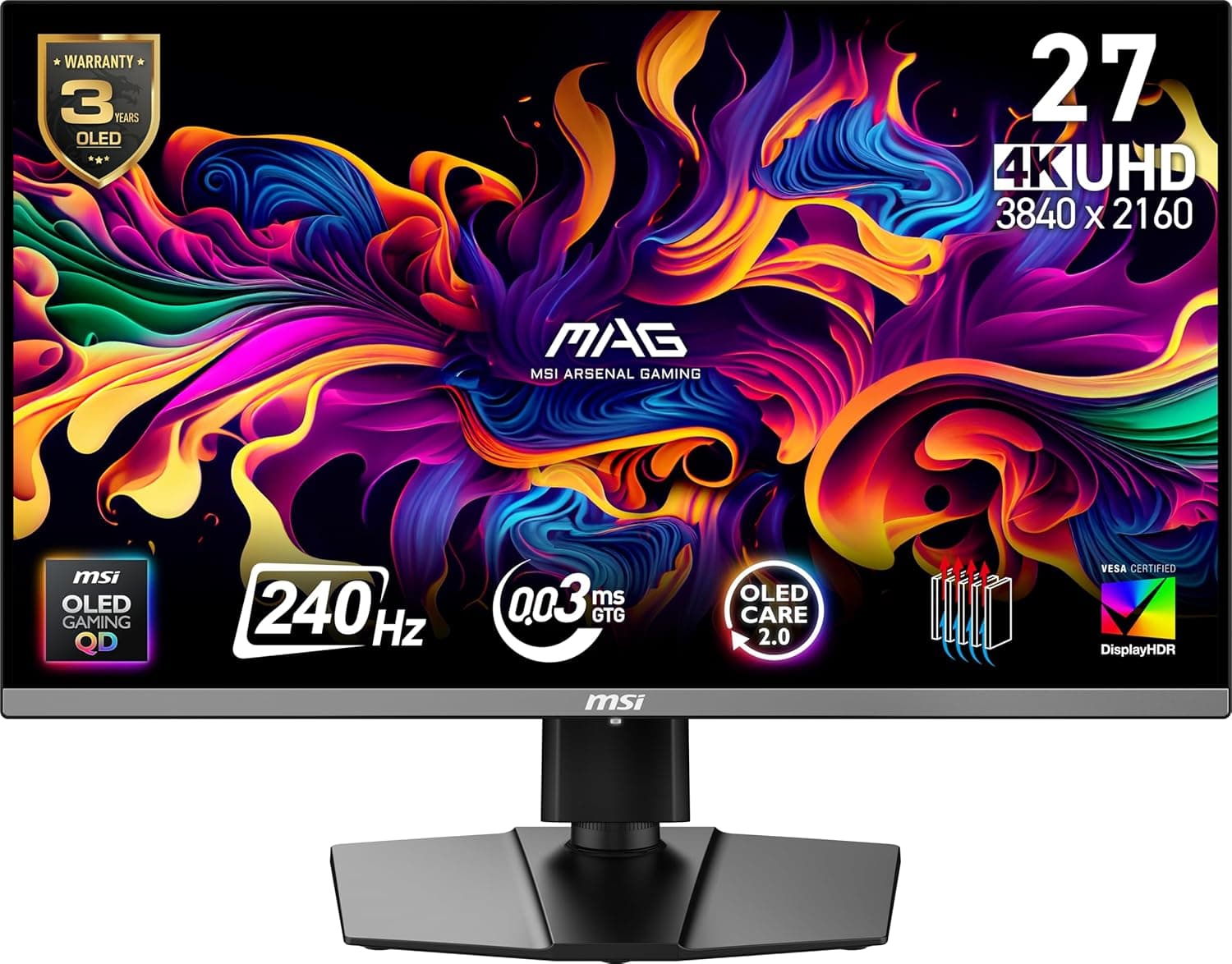 MSI MAG 272UP QD-OLED X24 26.5インチ 3840 x 2160 (UHD) ゲーミングモニター 240Hz AMD Adaptive-Sync HDR対応 HDMI VGAポート VESAマウント可能チルト 4面スリムベゼル 0.03ms ブラック