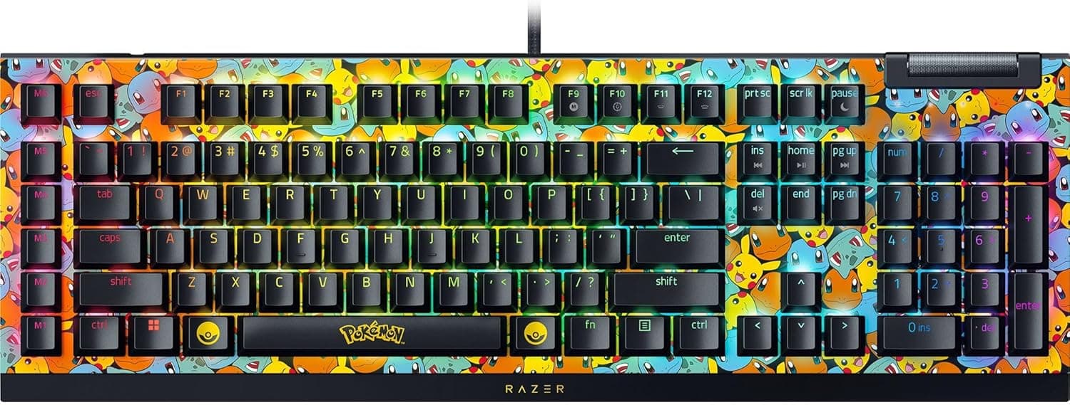 Razer BlackWidow V4 X メカニカルゲーミングキーボードグリーンスイッチタクタイル&クリッキー 6つのマクロキー Chroma RGB ダブルショット ABSキーキャップサウンドダンピング&スタビライザー ポケモンエディション