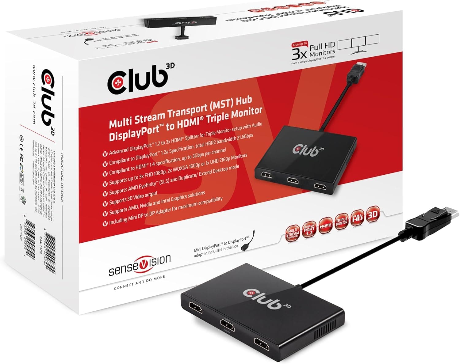 Club3D DisplayPort 1.2 to 3 HDMI Multi-Display MST Hub (CSV-5300H) by CLUB3D