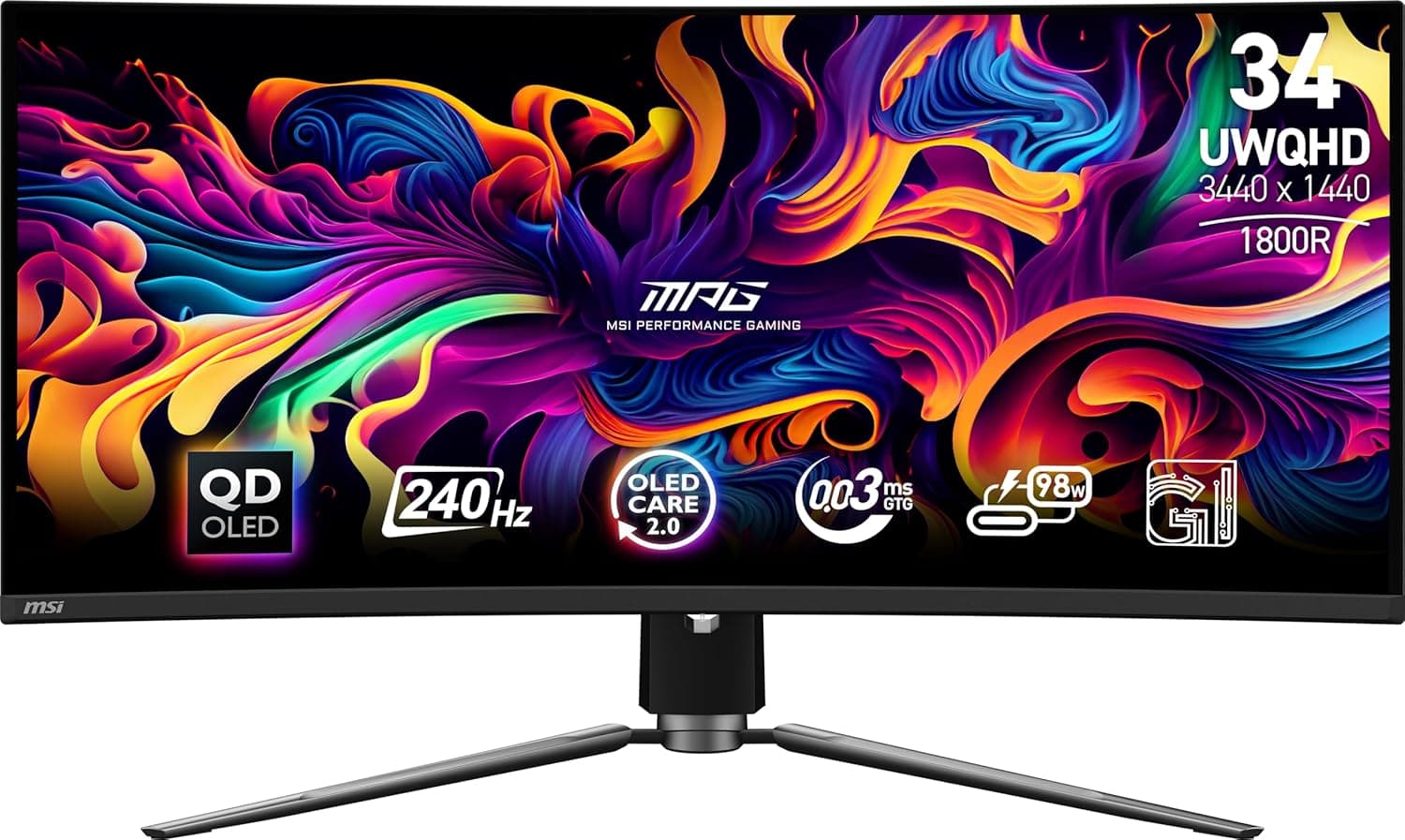 MSI MPG 341CQPX QD-OLED 34インチカーブ OLED ゲーミングモニター 3440 x 1440 (UWQHD) 応答時間 0.03ms 240Hz トゥルーブラック HDR 400 HDMI DPポート USB Type C チルト高さ調整可能