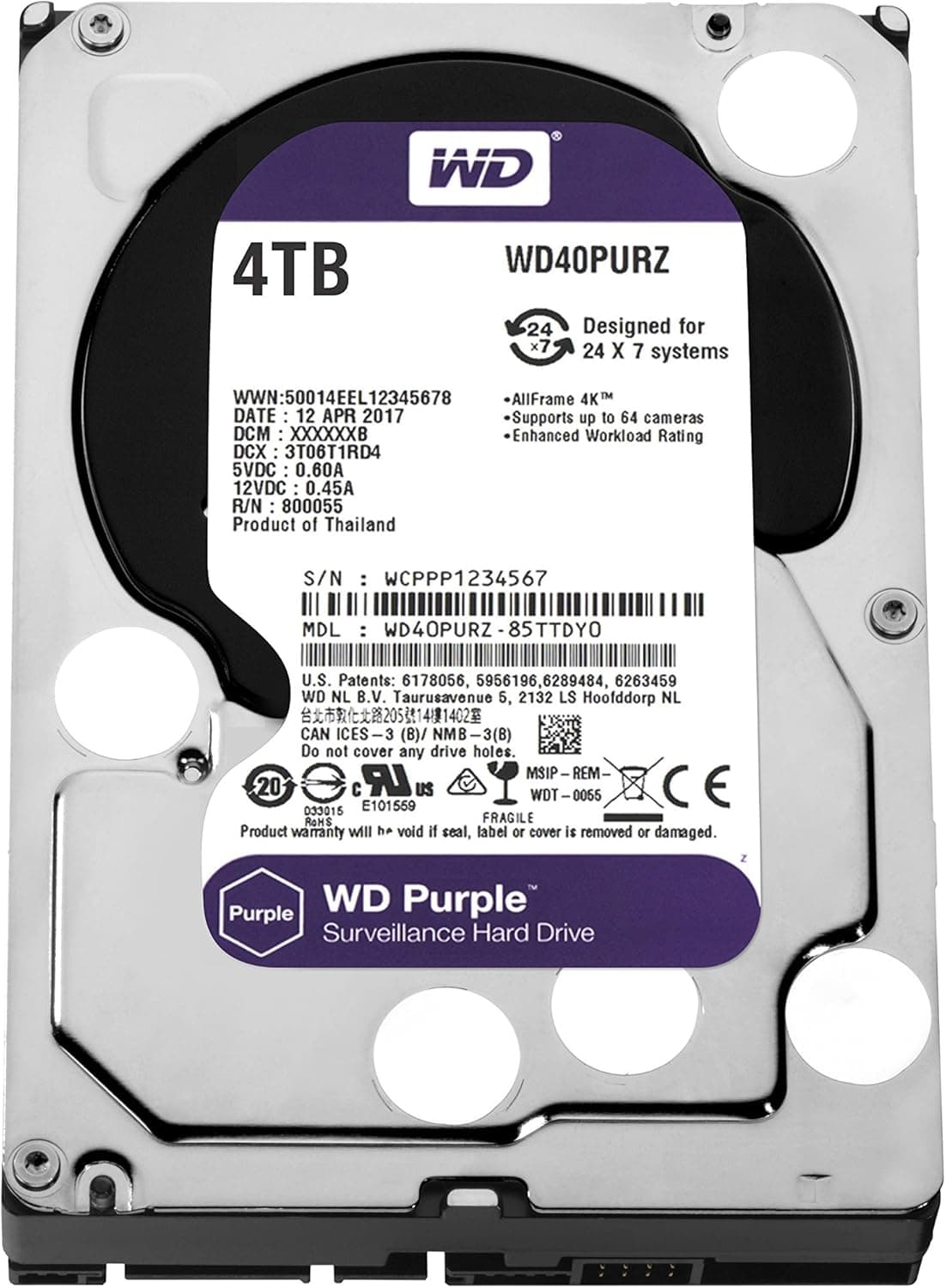 WD Purple 4TB 監視ハードディスクドライブ - 5400 RPM クラス SATA 6 Gb