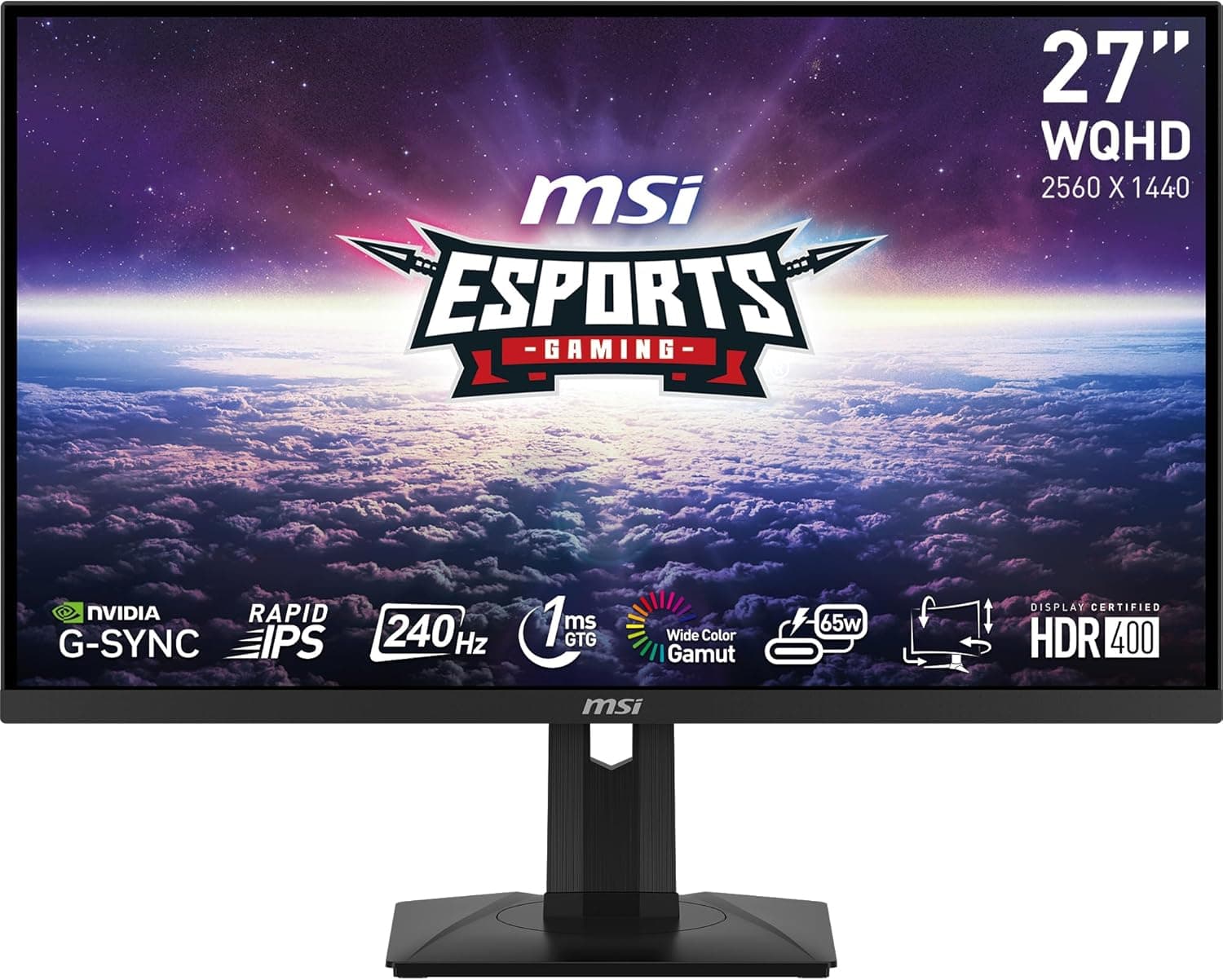 msi G274QPX 27インチゲーミングモニター 2560×1440(QHD) 高速IPS 1ms 240Hz G-Sync対応 HDR 400 HDMI Displayport チルトスイベル高さ調節可能ピボット