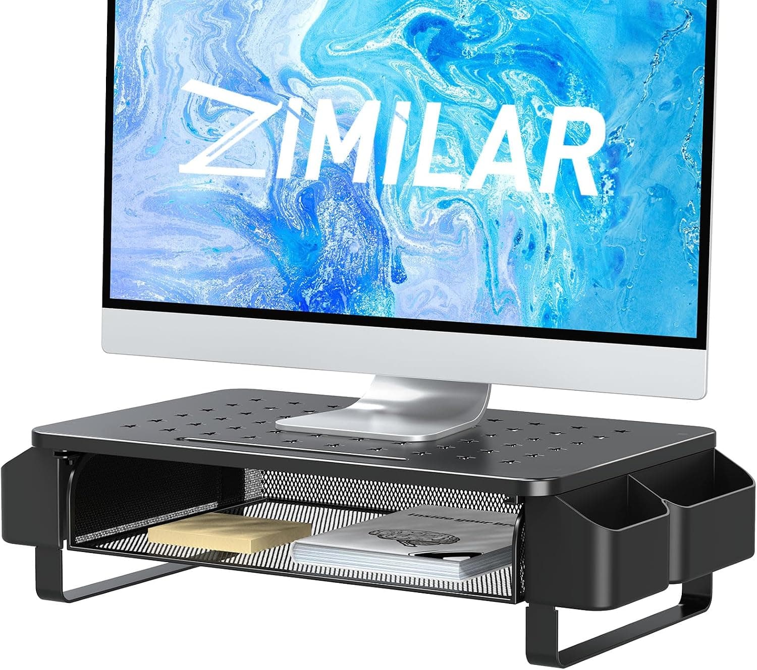 Zimilar モニタースタンドライザー 引き出し付きモニターライザー サイド収納ポケット付きデスク用メタルモニタースタンドノートパソコン PC 画面コンピューター プリンター iMac ホームオフィススタンド