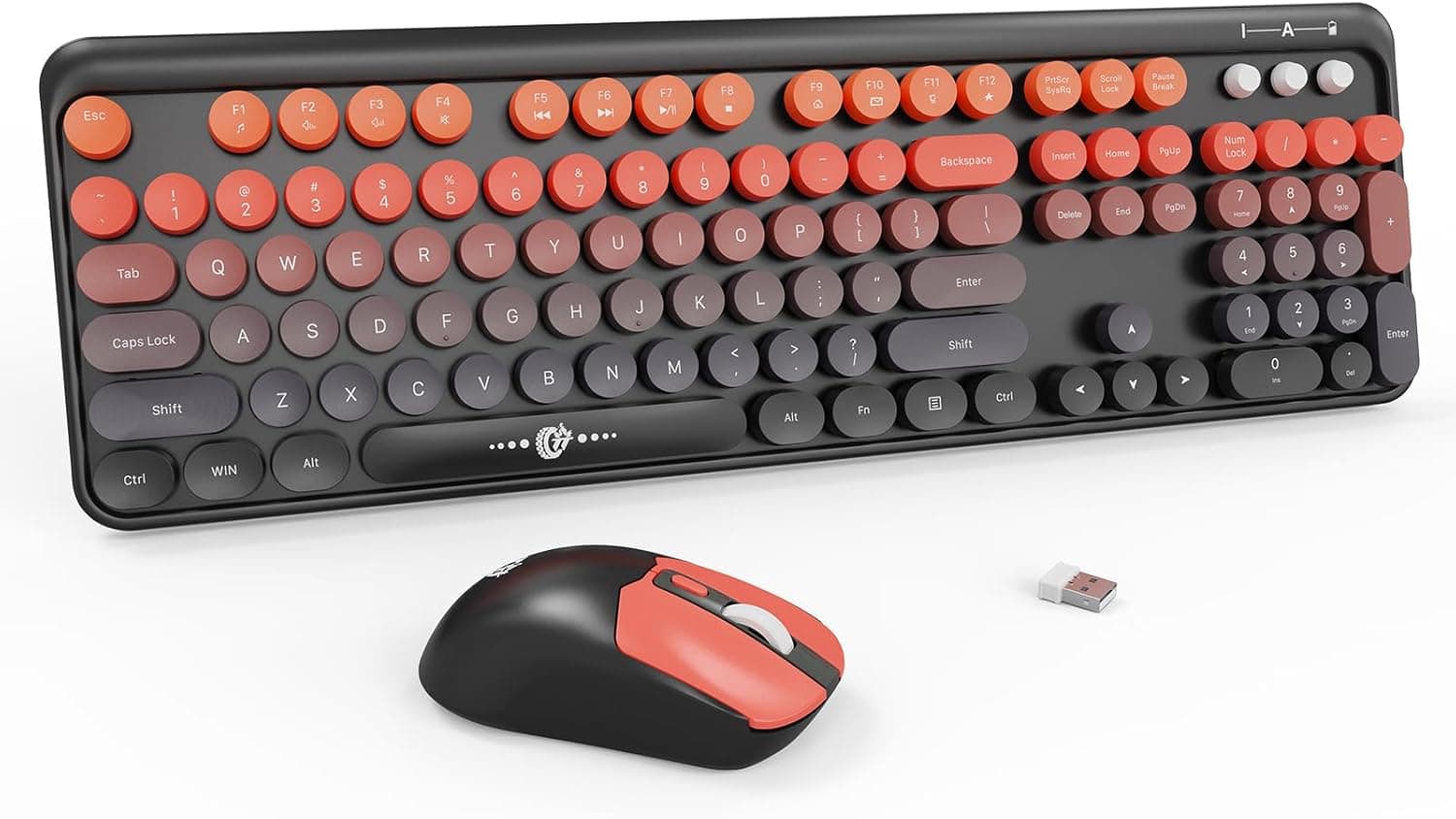 ワイヤレスキーボードマウスコンボ、ポータブル軽量104ラウンドキーキュートカラフルキーボードレトロタイプライタースタイル、Letonフルサイズキーボードマウス3DPI、PC、ラップトップ、コンピューター、旅行オフィス用-ブラックレッド