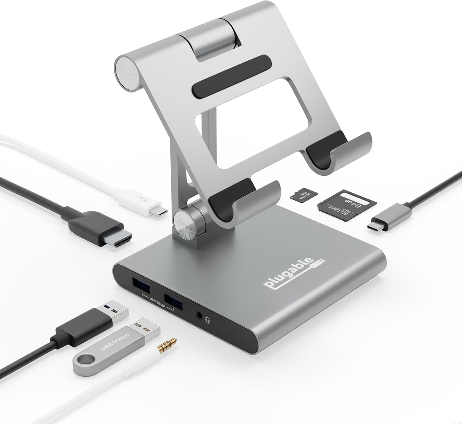 Plugable 8-in-1 USB-C ハブスマートフォンタブレット用スタンド型 100W パススルー HDMI USB オーディオ SD リーダー付き