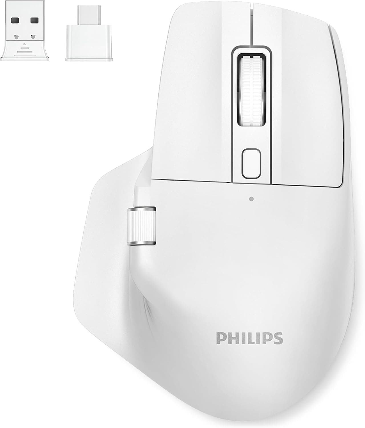 【PHILIPS ワイヤレスマウス】Bluetooth 5.0 USB-C USB-A対応静音充電式最大100時間使用サイドホイール搭載横スクロール 7ボタン 3Dホイール 5段階DPI切替右手用エルゴノミクスマウス自動スリープ Windows Mac対応フィリップスマウスSPK7858(ホワイト)