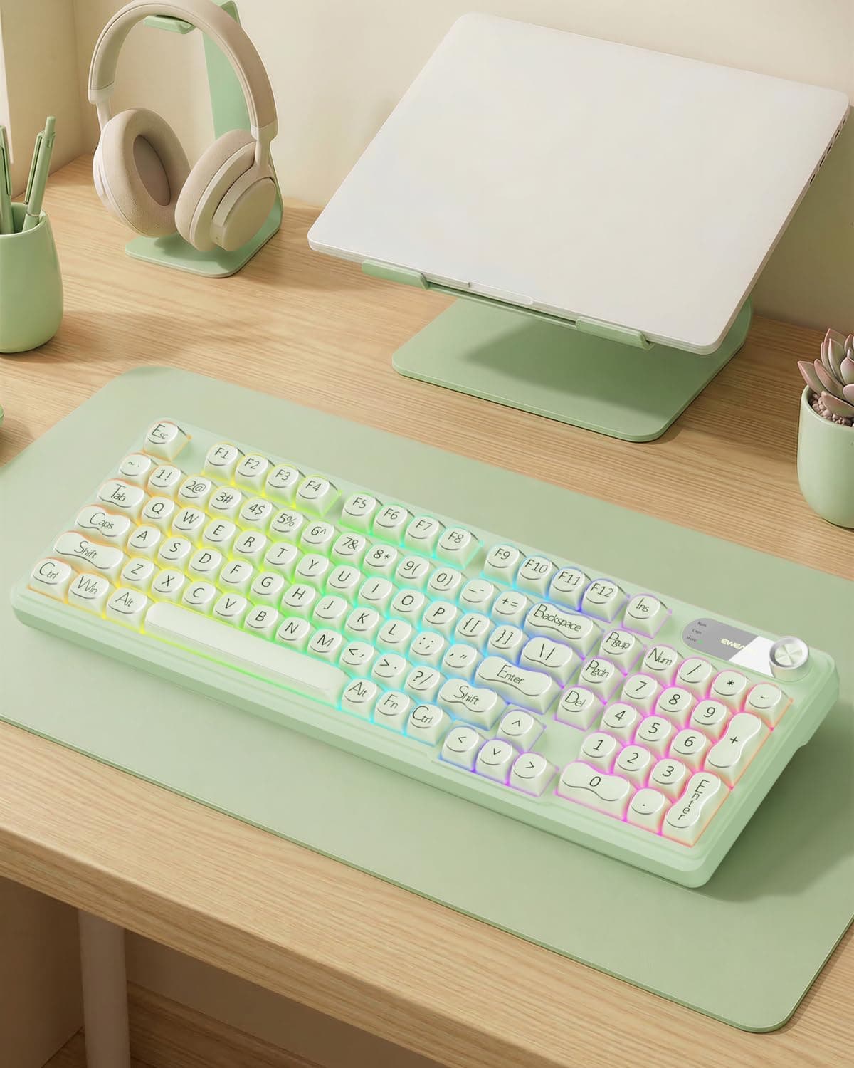 EWEADN V102 ワイヤレスキーボード 102キーゲーミングキーボードスクリーン&メディアノブ付きカスタムRGBバックライトトライモード BT5.0