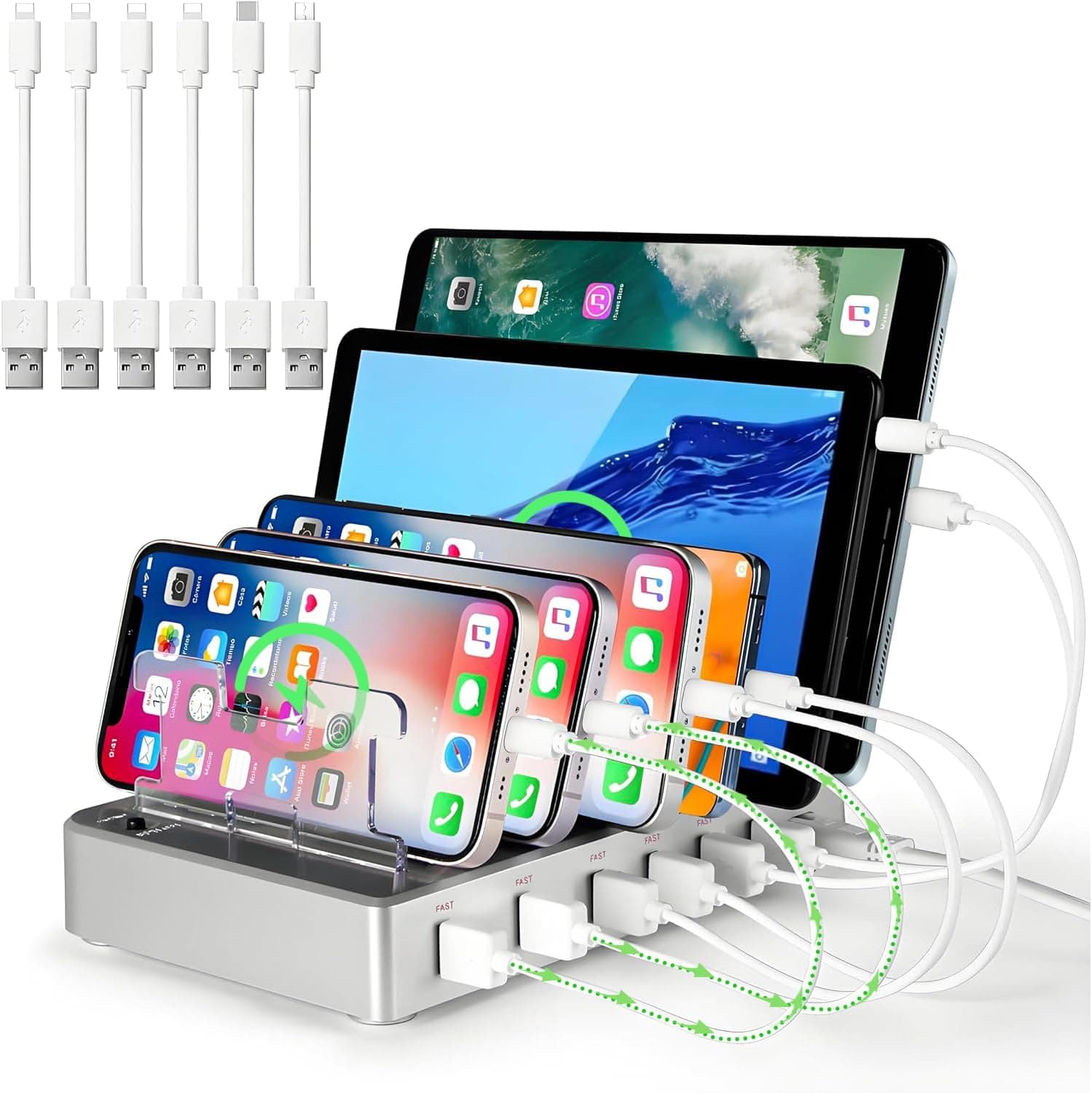 6ポートUSB充電ステーションケーブル6本付き高速充電ハブ iPhone Android 携帯電話タブレットスマートウォッチ用マルチポートデスクトップオーガナイザー (シルバー)