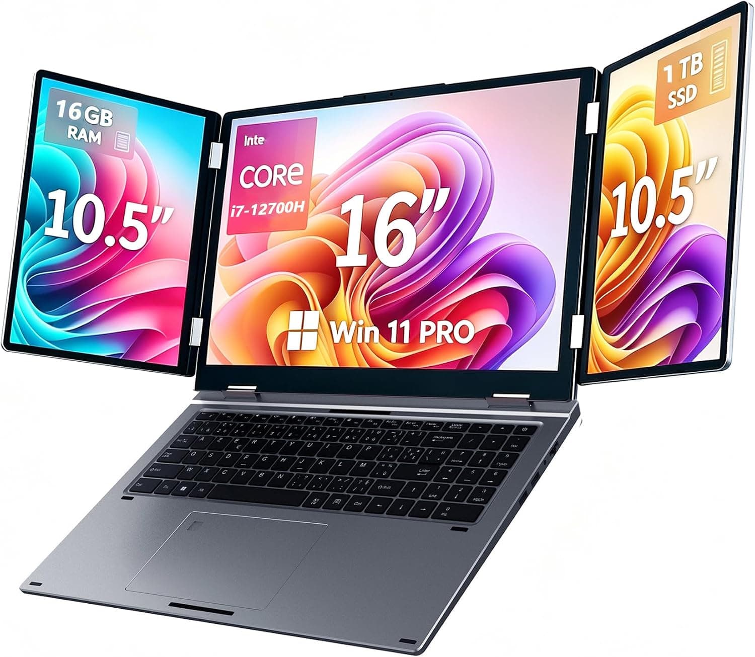 3画面ノートパソコン 16インチ+10.5インチ×2 サブスクリーン Core i7-12700H 16GB 1TBSSD Windows 11 Pro Wi-Fi5 BT5.0 顔認証指紋認証日本語キーボード USB-C HDMI テレワーク