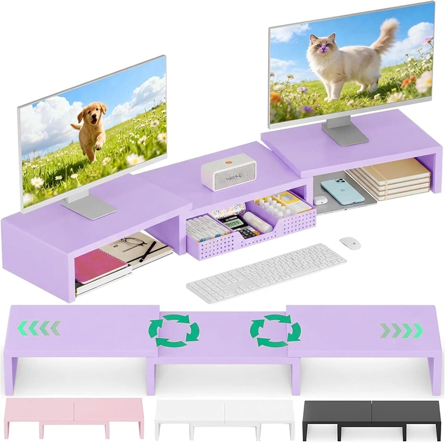 OPNICE デュアルコンピューターモニタースタンドライザー 引き出し付きワークスペースデスクオーガナイザー オフィス用品デスクアクセサリー 女性用パープル