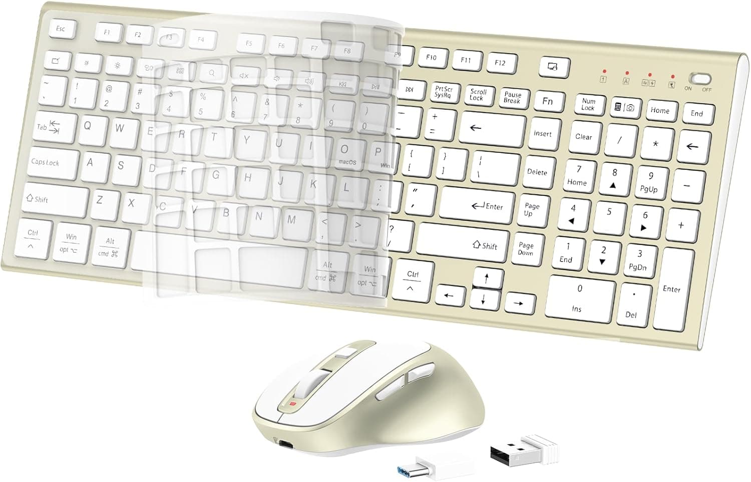 ワイヤレスキーボードとマウス、USB Type C充電式スリムサイレントキーボードマウス、コンパクトなフルサイズキーボード、数字パッドとカバー付き、Windows、macOS、PC/コンピューター/ラップトップ用 - ゴールド