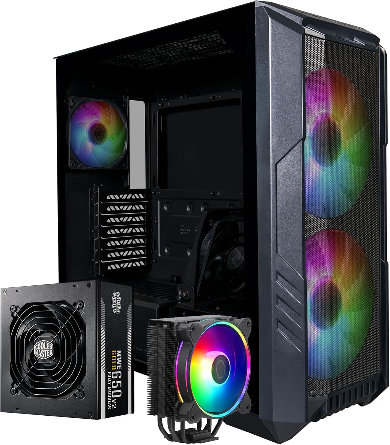 Cooler Master HAF 500 高風量ミッドタワー ATX ゲームケース + Hyper 212 Halo CPUクーラー 140W TDP + 650W ゴールド PSU – ARGBファン3個 120mm GPUファン前面メッシュ強化ガラスケーブル管理