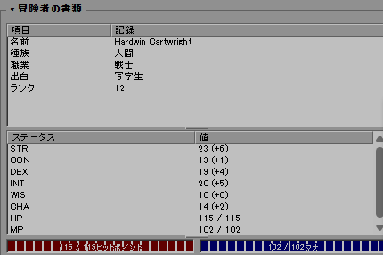 MS Pゴシック(既定) で表示した Lowmoor の冒険者の書類と能力値